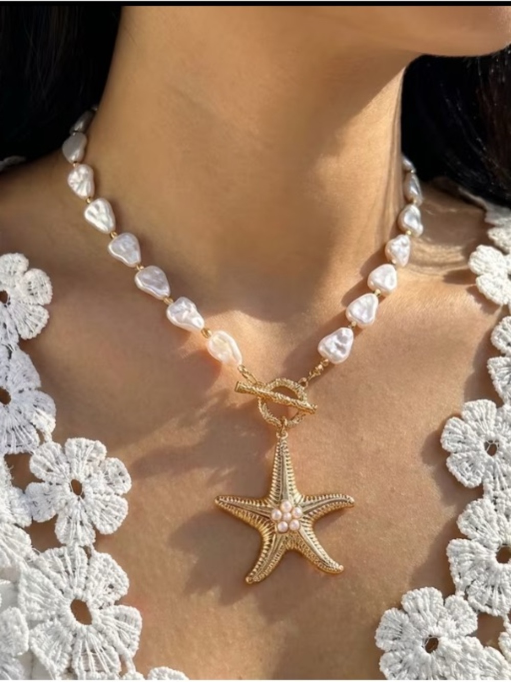 Gold Starfish Pearl Necklace - Women Jewelry